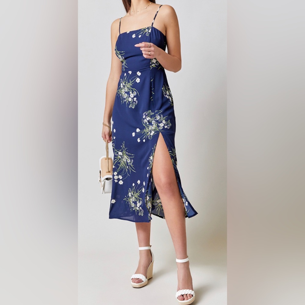 Navy Blue Floral Midi Dress with Slit